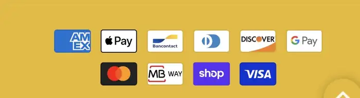 American Express, Apple Pay, Bancontact, Diners Club, Discover, Google Pay, Mastercard, MB WAY, Shop Pay et Visa
