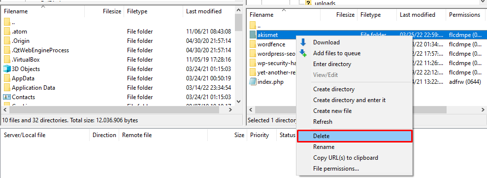 Delete folder via FTP client
